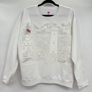 Hanes Womens Upcycled Sea Coast  Town American Lace Top Sweatshirt White Large